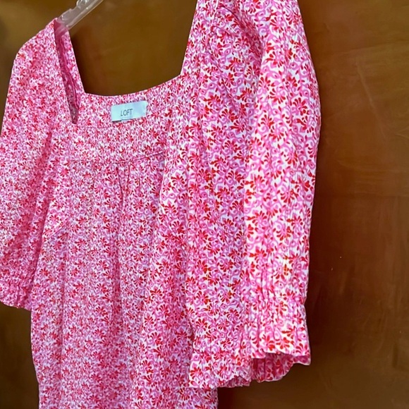 LOFT Pink Floral Shimmer Blouse Women’s Small Popover Top Puff Sleeve‎         J - Picture 9 of 13